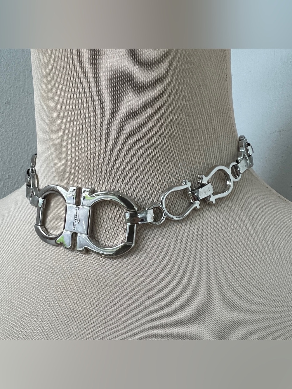 Custom Ferragamo Gancini & Horsebit Chain Link Choker Necklace 14-16” adjustable
